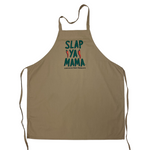 Khaki Slap Ya Mama apron featuring the green Slap Ya Mama logo in the center.