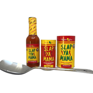 
                  
                    Load image into Gallery viewer, Medal Roux Slap Ya Mama Spoon, 5oz Bottle of Slap Ya Mama Cajun Hot Sauce, 8oz Canister of Slap Ya Mama Original Blend Seasoning, and 4oz Cajun Hot Blend Seasoning, displayed unwrapped on a white background
                  
                