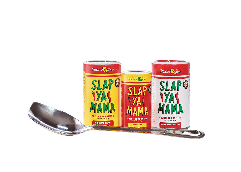 
                  
                    Load image into Gallery viewer, Set including an 8oz canister of Slap Ya Mama Original Blend Seasoning, 8oz canister of Slap Ya Mama White Pepper Blend Seasoning, 4oz canister of Slap Ya Mama Hot Blend Seasoning, and an 11-inch stainless steel roux spoon, displayed on a white background.
                  
                