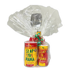 Medal Roux Slap Ya Mama Spoon, 5oz Bottle of Slap Ya Mama Cajun Hot Sauce, 8oz Canister of Slap Ya Mama Original Blend Seasoning, and 4oz Cajun Hot Blend Seasoning, wrapped in clear plastic with a ribbon, displayed on a white background.