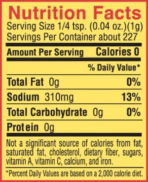 Nutritional fact panel for Slap Ya Mama 8oz seasoning canister, with detailed information about serving size, calories, and ingredients, displayed on a white background.