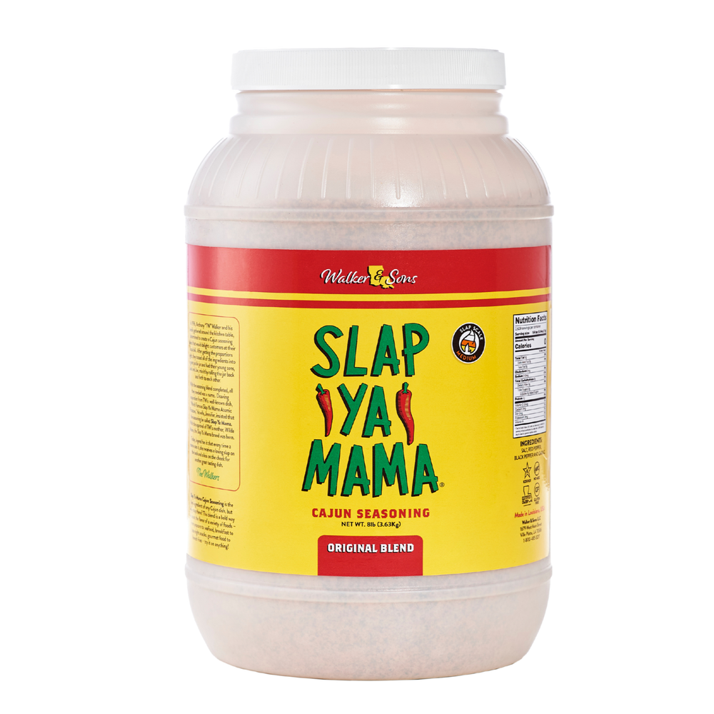 1-gallon container of Slap Ya Mama Original Blend Cajun Seasoning with a yellow label, green logo, displayed on a white background.