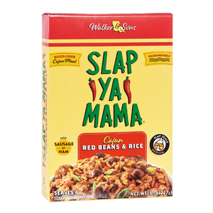 
                  
                    Load image into Gallery viewer, Front of Slap Ya Mama Red Beans and Rice box with a yellow label, the green and red Slap Ya Mama logo, and text reading &amp;#39;Authentic Cajun Flavor&amp;#39; alongside an image of a bowl of red beans and rice with sausage.
                  
                