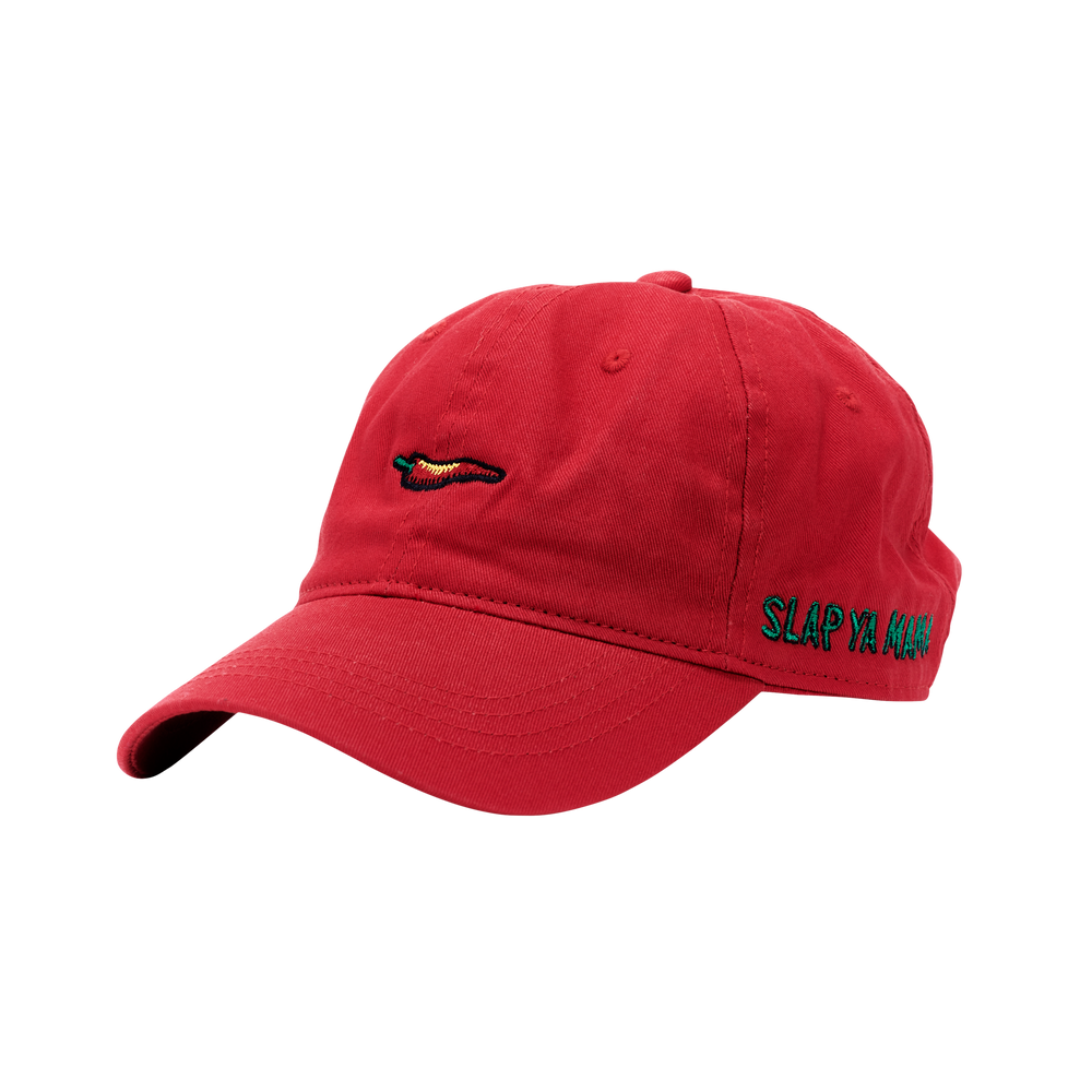 Red Slap Ya Mama hat featuring an embroidered green logo and a red pepper graphic, displayed on a neutral background