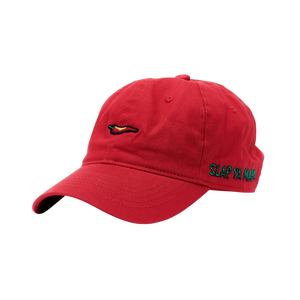 
                  
                    Load image into Gallery viewer, Red Slap Ya Mama hat featuring an embroidered green logo and a red pepper graphic, displayed on a neutral background
                  
                