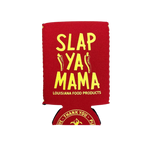 Red Slap Ya Mama koozie with the yellow Slap Ya Mama logo on the front.