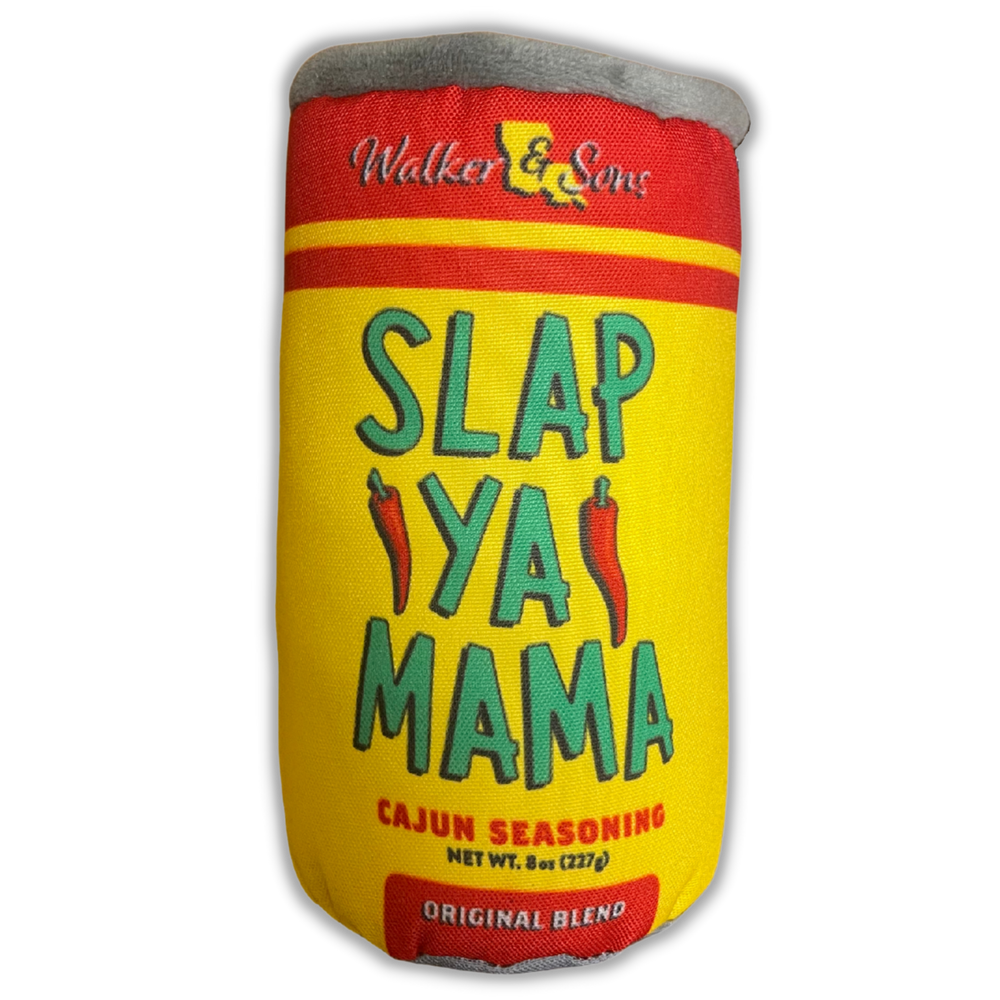 A plain Slap Ya Mama dog toy shaped like a can, and desined like a slap can. 