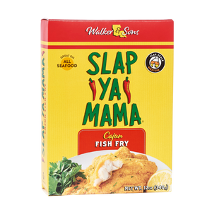 
                  
                    Load image into Gallery viewer, Front of Slap Ya Mama Cajun Fish Fry box with a yellow background, green and red Slap Ya Mama logo, and text reading &amp;#39;Great on all seafood&amp;#39; alongside an image of crispy fried fish.
                  
                