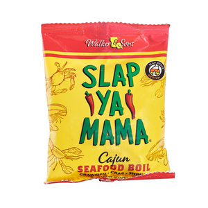 Slap Ya Mama Cajun Seafood Boil 1lb bag with a yellow label, featuring the green and red Slap Ya Mama logo and text reading 'Cajun Seafood Boil' underneath the logo.