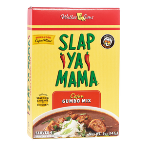 
                  
                    Load image into Gallery viewer, Front of Slap Ya Mama Gumbo Mix package with a yellow label, the green and red Slap Ya Mama logo, and text reading &amp;#39;Just Add Seafood, sausage  or chicken&amp;#39;  and &amp;#39;Quick-Cook Cajun Meal&amp;#39; alongside an image of a bowl of gumbo with rice
                  
                