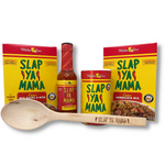 Wooden Slap Ya Mama Spoon, 5oz bottle of Slap Ya Mama Cajun Hot Sauce, 8oz canister of Slap Ya Mama Original Blend Seasoning, Slap Ya Mama Jambalaya Dinner Mix, and Slap Ya Mama Red Beans and Rice Dinner Mix, arranged on a white background.