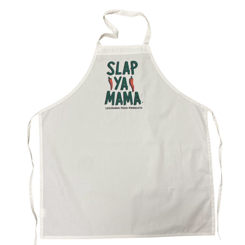 White Slap Ya Mama apron featuring the green Slap Ya Mama logo in the center