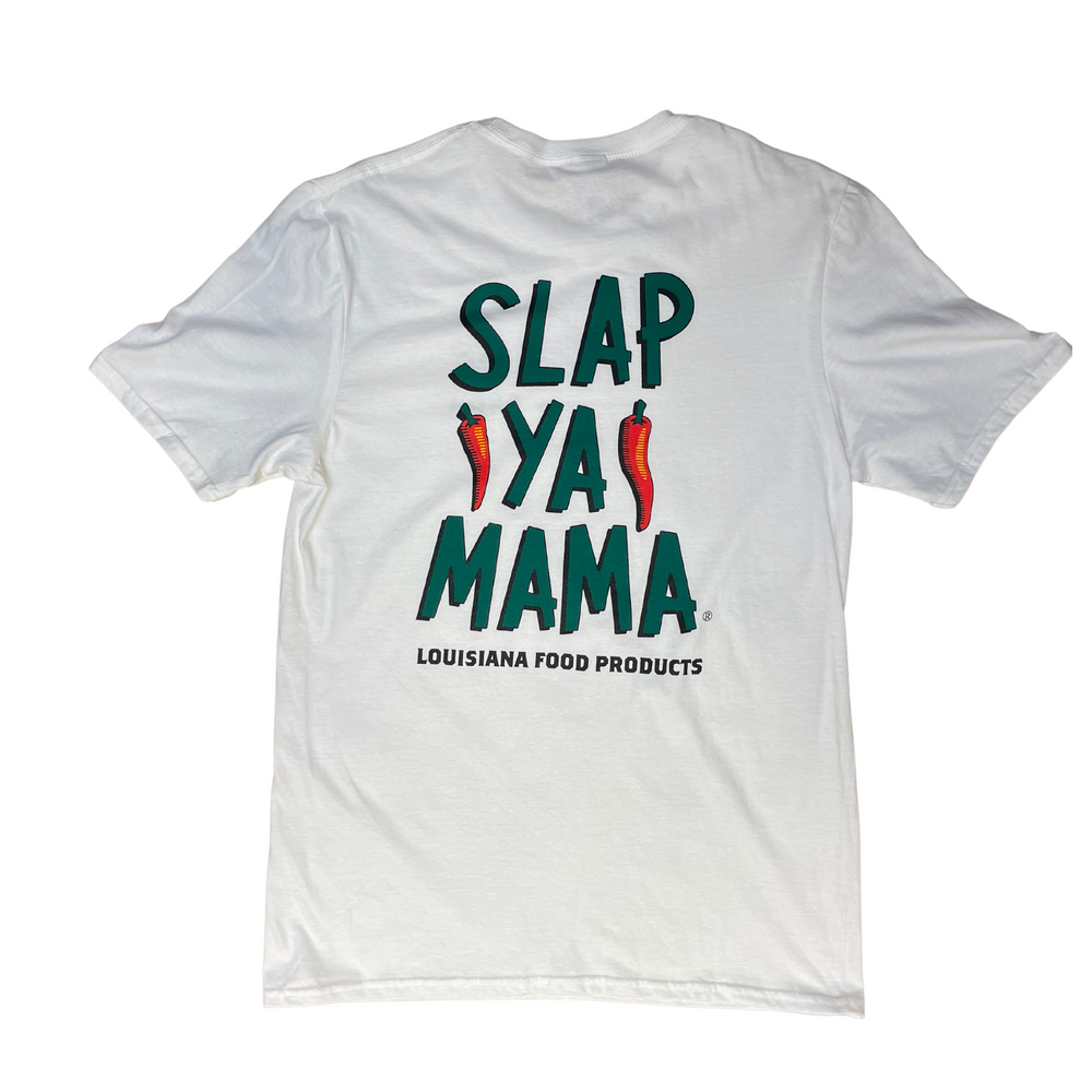 White  t-shirt with a large green Slap Ya Mama logo on the back