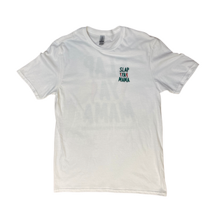 
                  
                    Load image into Gallery viewer, White t-shirt with the green Slap Ya Mama logo on the front chest.
                  
                