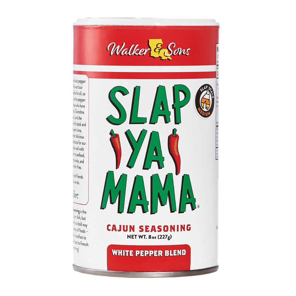 Slap Ya Mama White Pepper Blend 8oz canister with a white label, green logo, and red accents on the label