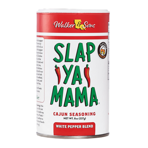 
                  
                    Load image into Gallery viewer, Slap Ya Mama White Pepper Blend 8oz canister with a white label, green logo, and red accents on the label
                  
                