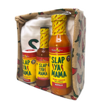 Slap Ya Mama White Cook's Apron, Slap Ya Mama Wing Sauce, 4oz Original Blend Cajun Seasoning, and 5oz Cajun Pepper Sauce all wrapped up in clear plastic with a ribbon, creating a gift set.