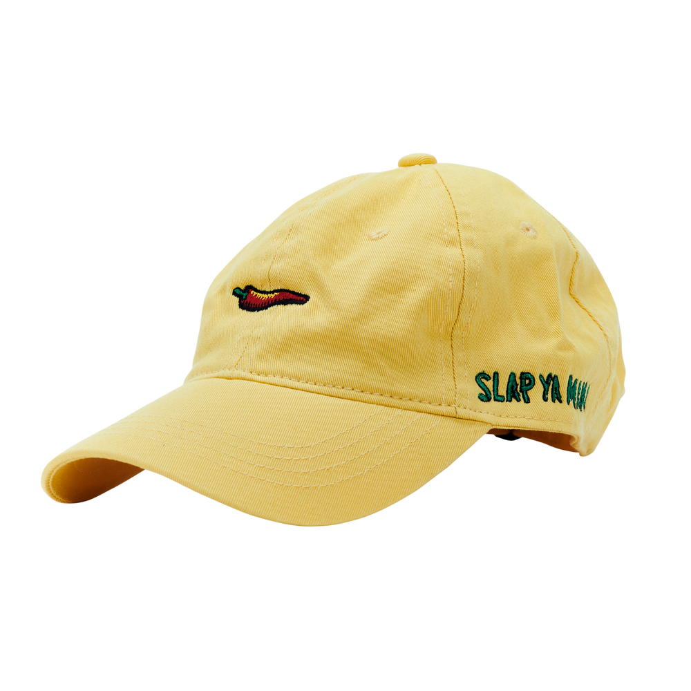 
                  
                    Load image into Gallery viewer, Yellow Slap Ya Mama hat featuring an embroidered green logo and a red pepper graphic, displayed on a neutral background.
                  
                