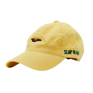 
                  
                    Load image into Gallery viewer, Yellow Slap Ya Mama hat featuring an embroidered green logo and a red pepper graphic, displayed on a neutral background.
                  
                