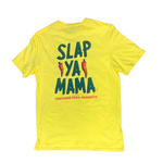 Yellow t-shirt with a large green Slap Ya Mama logo on the back.