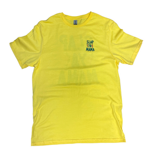 
                  
                    Load image into Gallery viewer, Yellow t-shirt with the green Slap Ya Mama logo on the front chest
                  
                