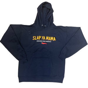 
                  
                    Load image into Gallery viewer, Black hoodie featuring the yellow Slap Ya Mama logo on the front, with white &amp;#39;Louisiana Food Products&amp;#39; text and a red pepper graphic, displayed on a neutral background.
                  
                